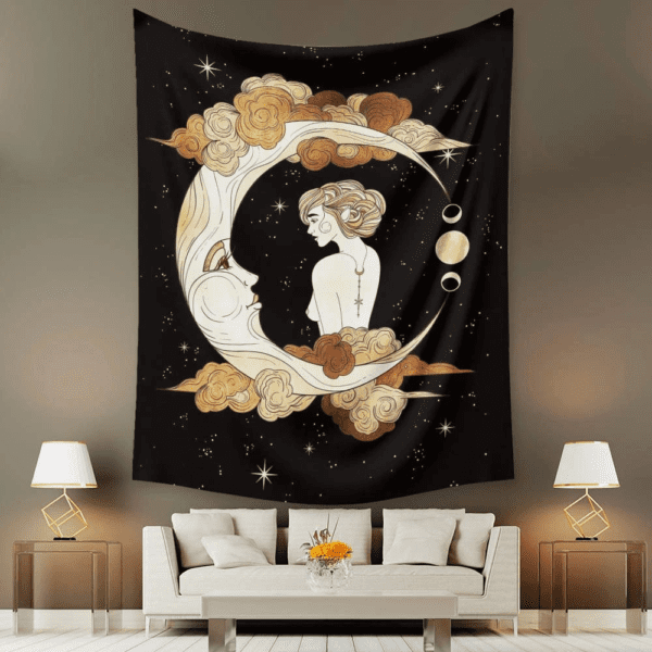 A tapestry of a woman sitting on the moon.