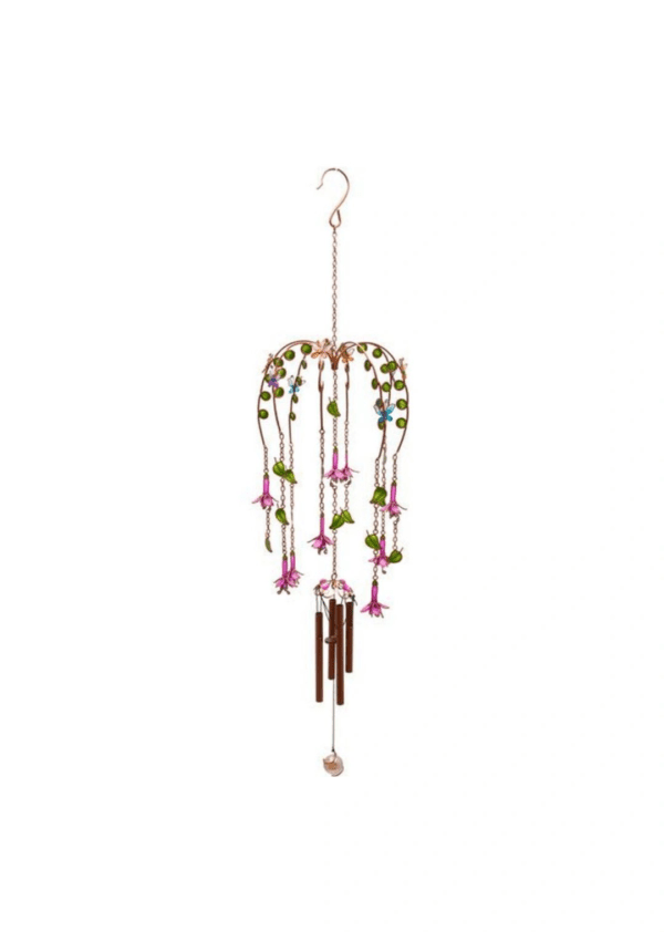 A wind chime with flowers hanging from the side.