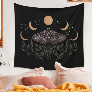 A tapestry with a butterfly and moon phases on it.