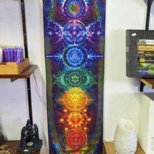 A large tapestry with seven different colored chakras.