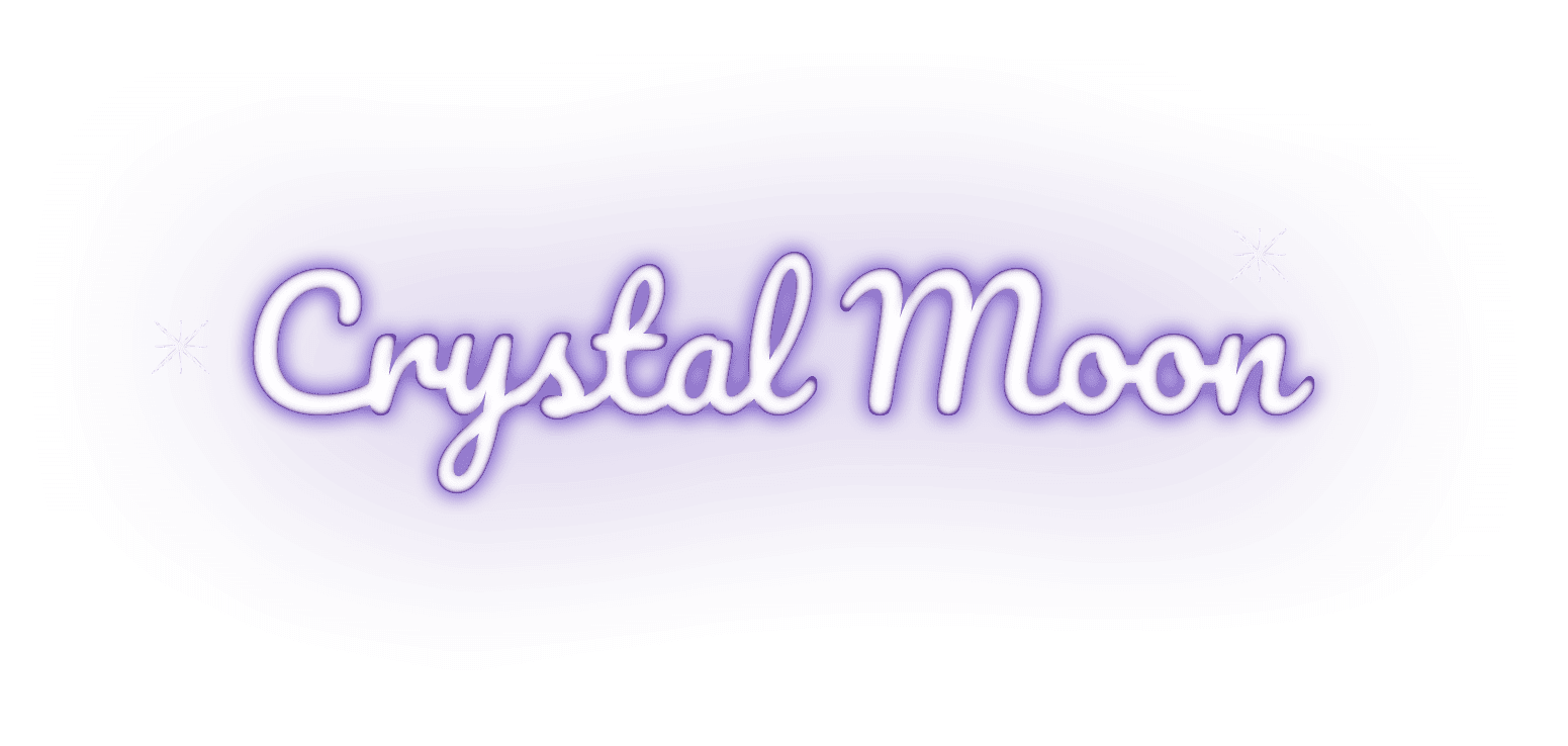 A purple banner with the words crystal moon written in white.