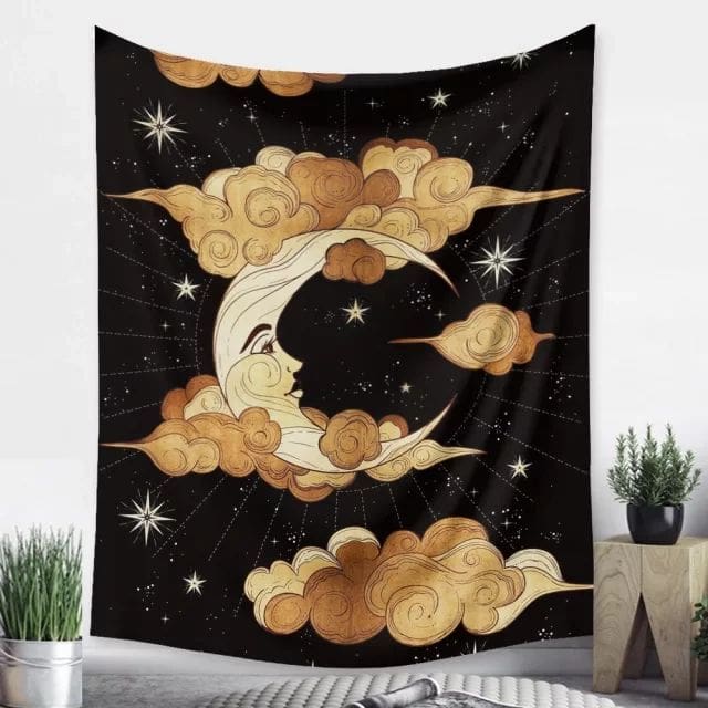 A tapestry with clouds and stars on it