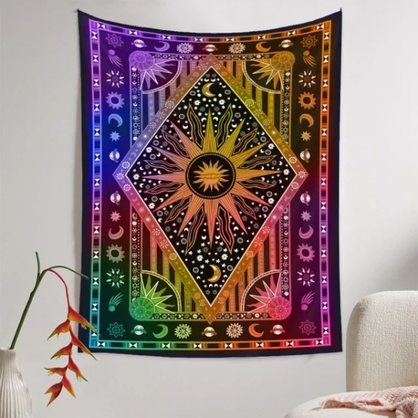 A colorful tapestry hanging on the wall of a room.