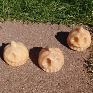 Three small skulls are laying on the ground.