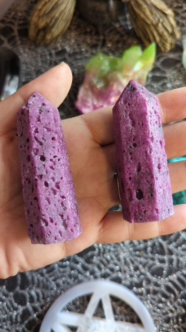 A person holding two purple sponge in their hand.