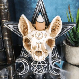 A cat skull sitting on top of a star.