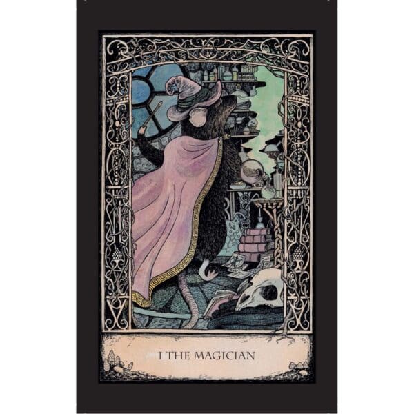 A tarot card with a cat and woman.