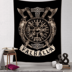 A tapestry with the name of valhalla on it.