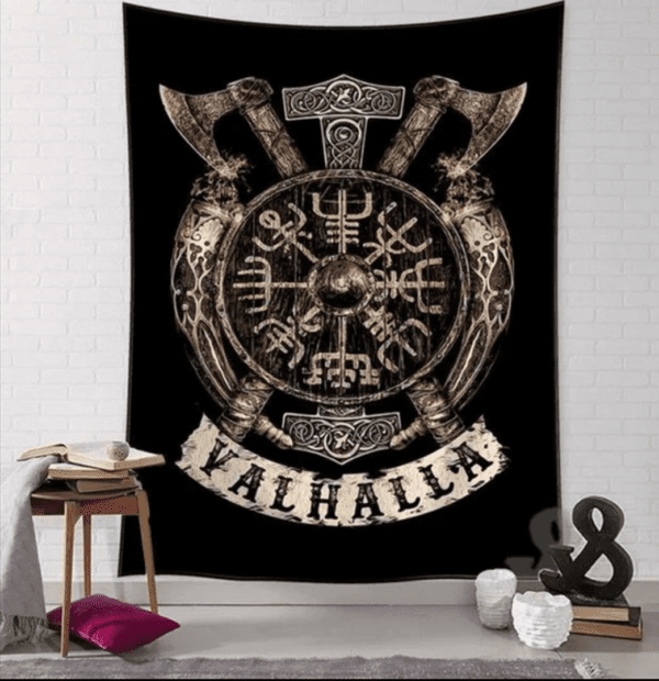 A tapestry with the name of valhalla on it.