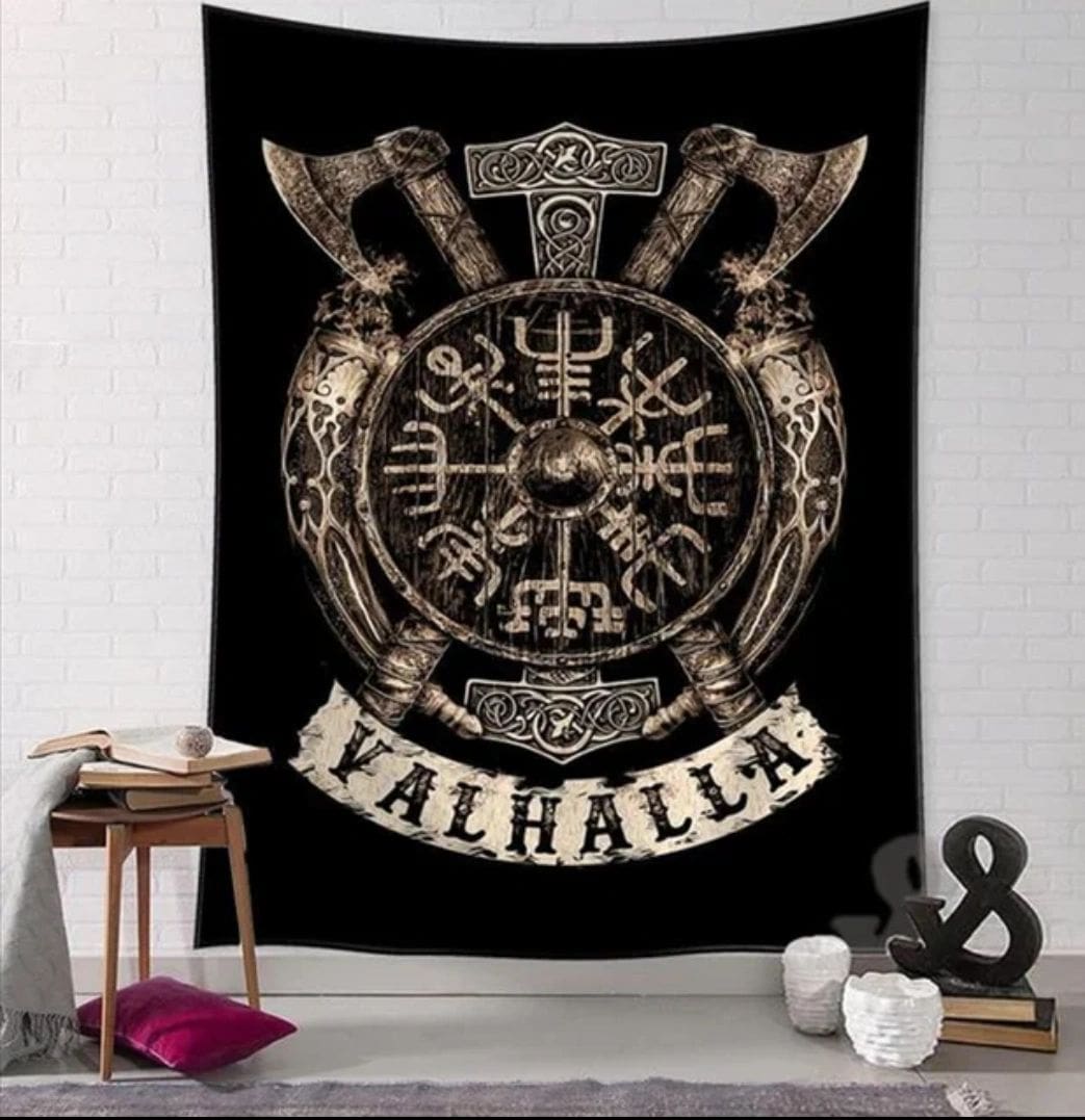 A tapestry with the name of valhalla on it.