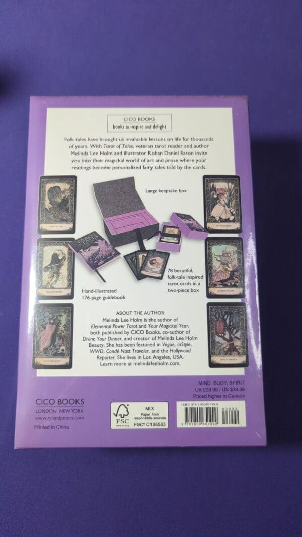 A back cover of the book with several cards and a purple box.