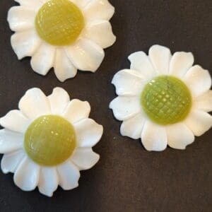 Three white flowers with green centers on a table.