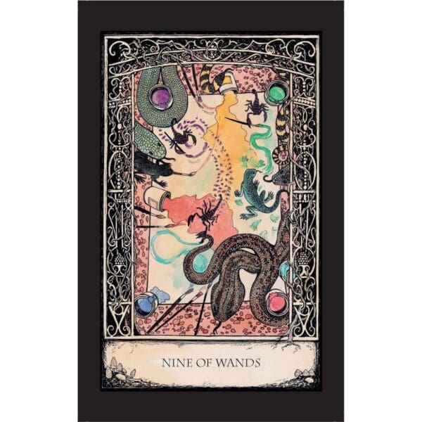 A tarot card with a dragon and other animals.