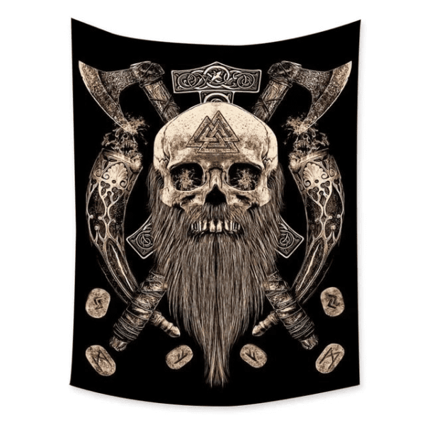 A tapestry with a skull and beard on it