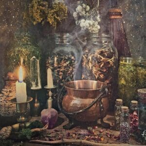 A painting of witches cauldron with candles and other items.