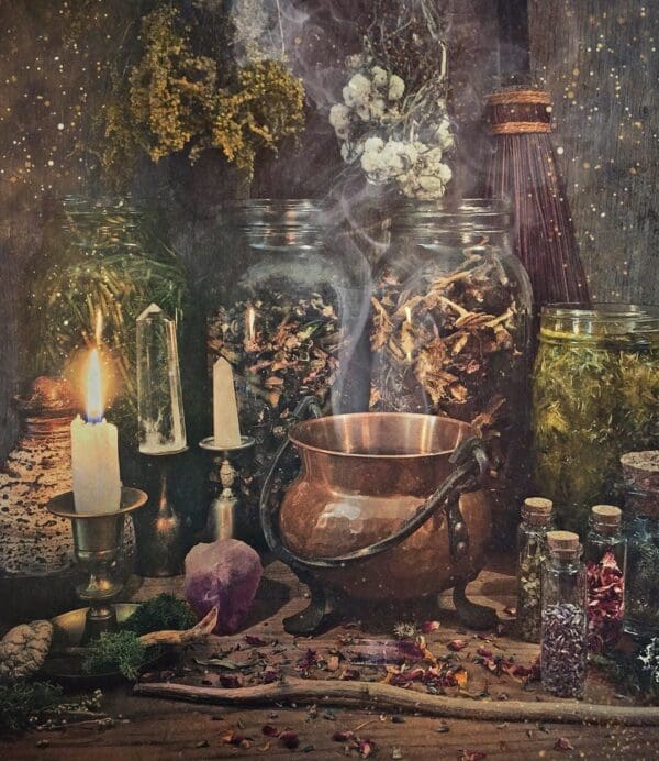 A painting of witches cauldron with candles and other items.