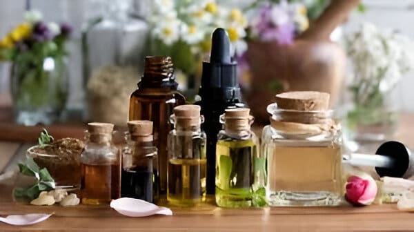 A table topped with bottles of different oils.