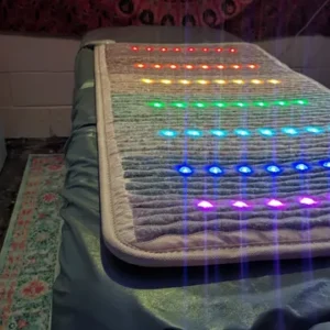 A bed with lights on it and a blue blanket