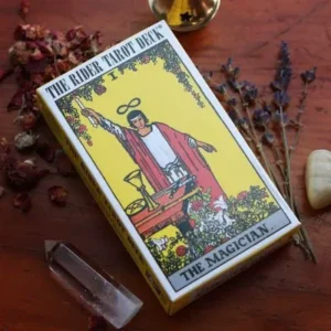 A tarot deck sitting on top of a wooden table.