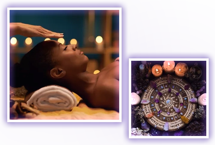 A woman is getting her face painted and a man is putting candles on his forehead.