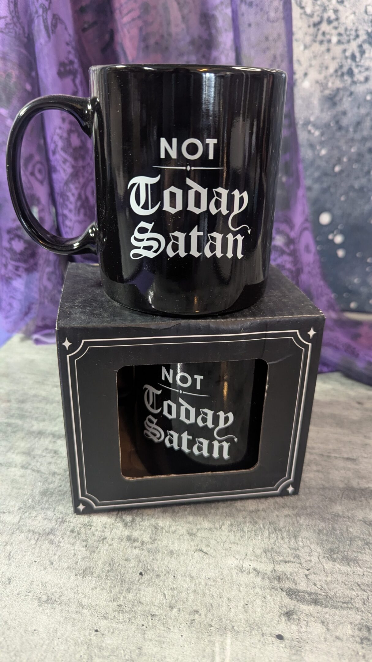 Black mug with "Not Today Satan" in white lettering, displayed on its matching box.