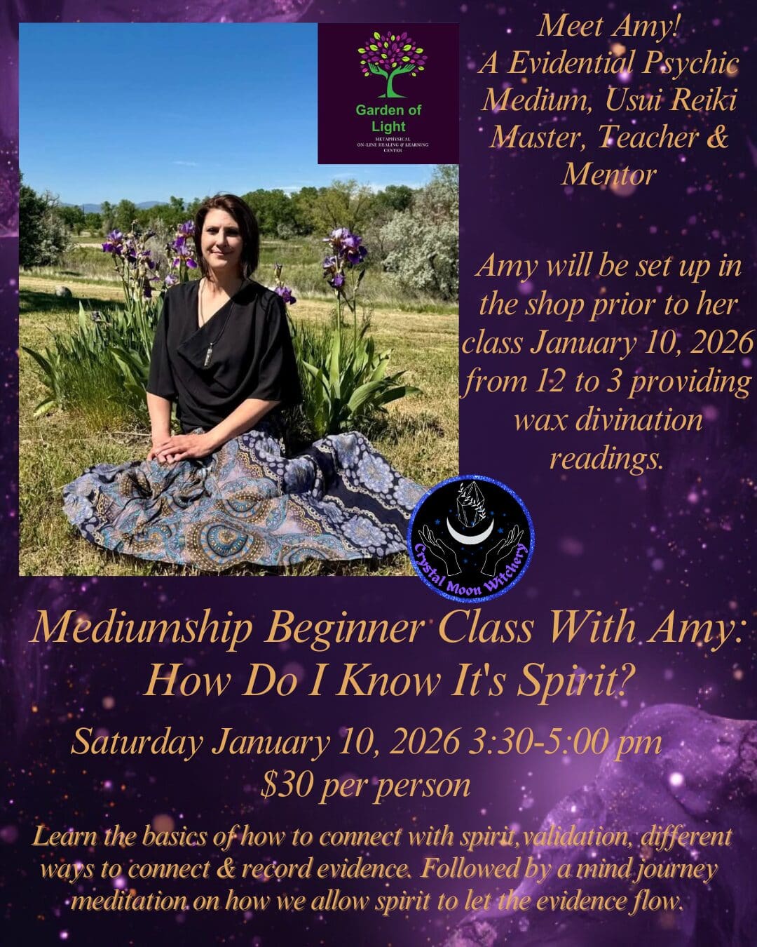Woman meditating outdoors on a rock, promoting a mindfulness beginner class.
